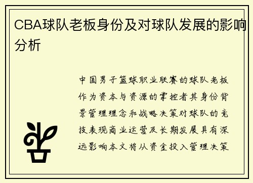 CBA球队老板身份及对球队发展的影响分析